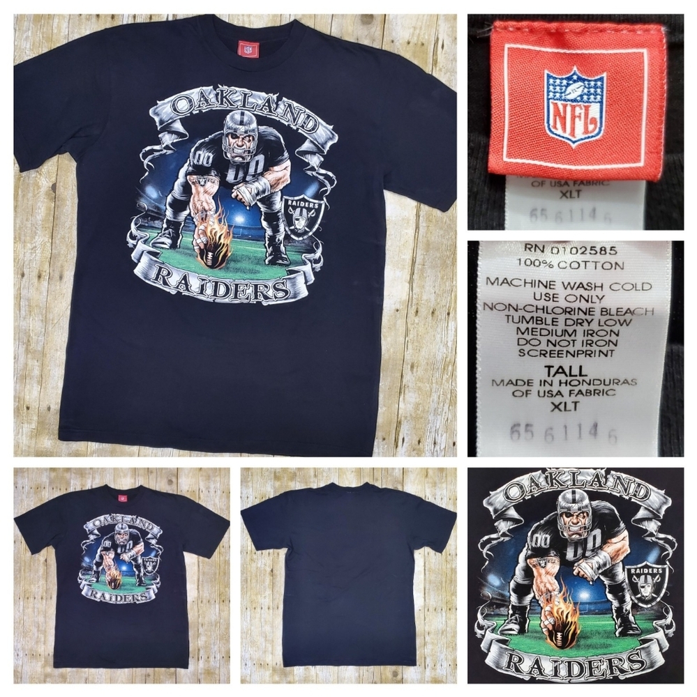 Vtg Oakland Raiders T Shirt NFL Lineman Flames Big Graphic Rare Sz XL-Tall Y2K